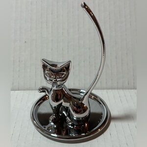 Cat Figurine Jewelry Ring Holder High Gloss Chrome Metal 4" Jewel Eyes EUC